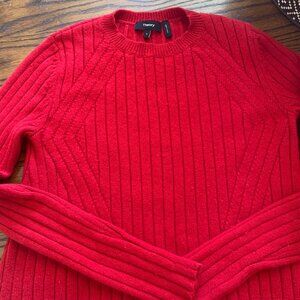 Theory S Sweater Wool Cashmere Red Ribbed Knit Stretch Fitted Pullover Flare Hem